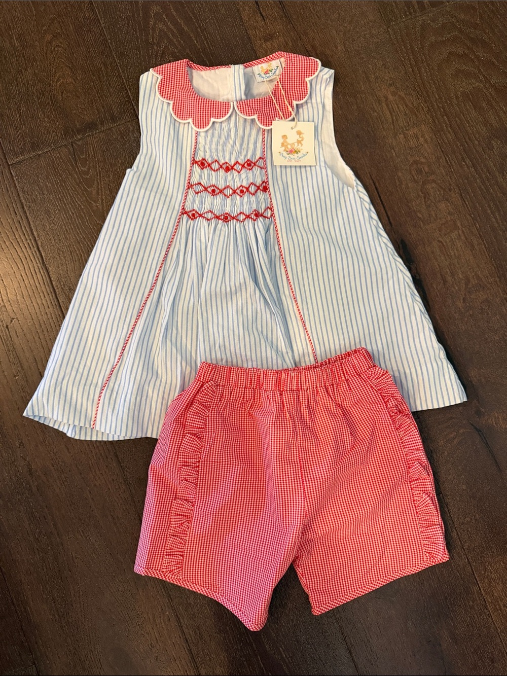 Girls Blue Stripe Smocked Top & Red Gingham Shorts Matching Set
